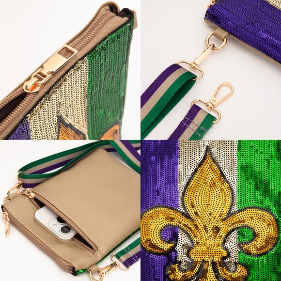 Mardi Gras Sequin Crossbody Bag with Fleur de Lis - Picture 3 of 4